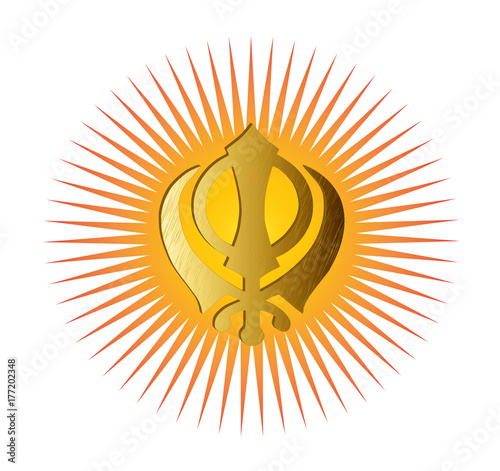 The main symbol of Sikhism - sign Khanda made of gold metal. Red and gold gradient rays, isolated, illustration photo