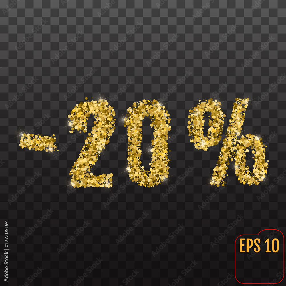 Gold sale 20 percent. Golden sale 20% percent on transparent background. Shine salling background for flyer, poster, shopping, for symbol sign, discount, selling, banner, web, header. Gold sale 20 percent. Golden sale 20% percent on transparent background. Shine salling background for flyer, poster, shopping, for symbol sign, discount, selling, banner, web, header.