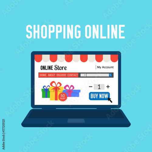Online store. Shopping online. E-commerce shopping concept. Colored flat web market isolated on blue. Design for website mobile banner poster
