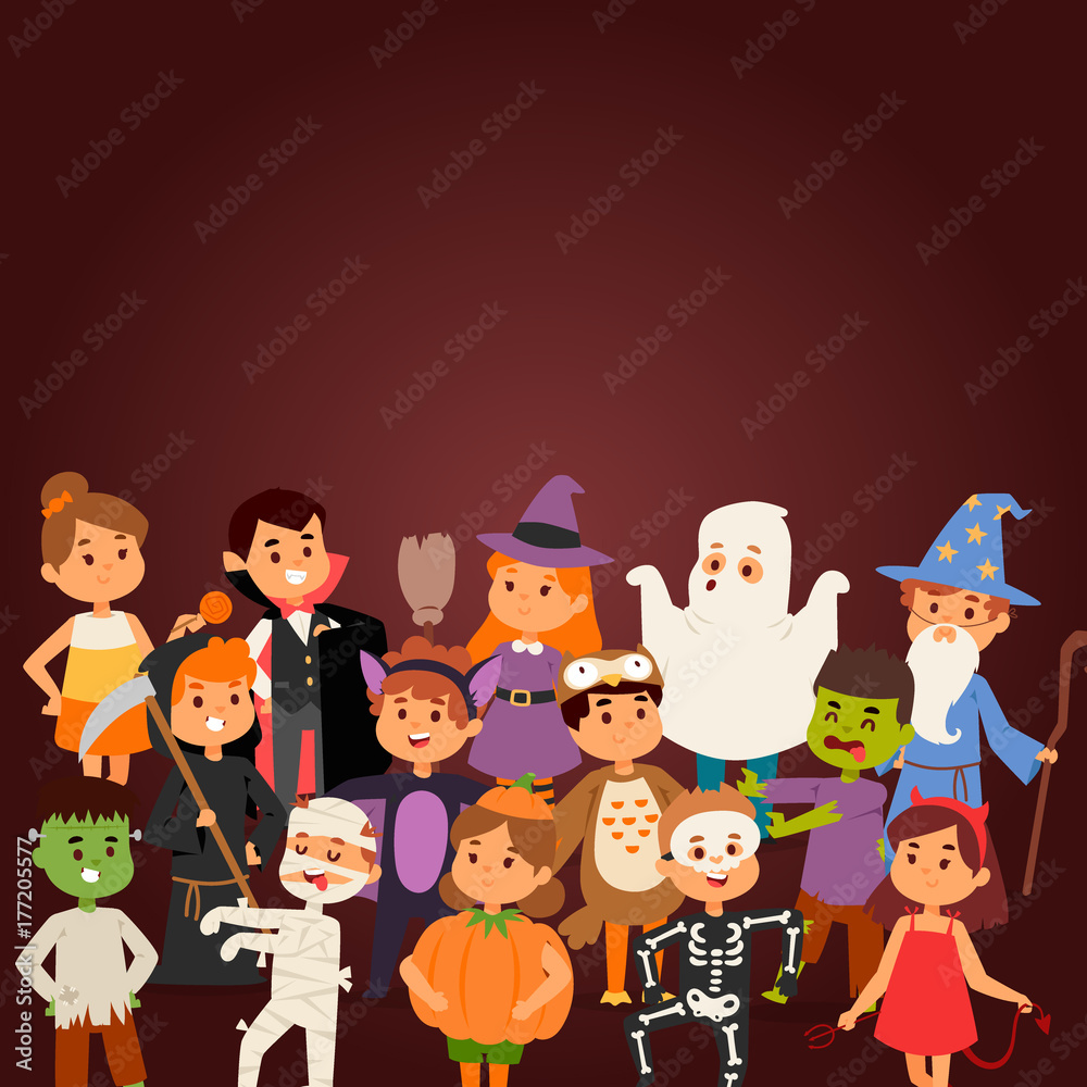 Cute kids wearing Halloween party costumes vector. Cute kids wearing Halloween party costumes vector.
