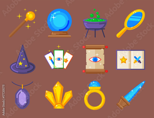 Special magic symbol magician fantasy carnival mystery tools cartoon miracle decoration vector illustration.