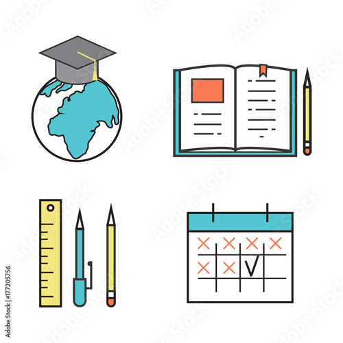 Flat design icons online education staff training book store distant learning knowledge vector illustration