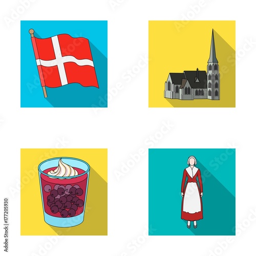 Flag, national, symbol, and other web icon in flat style.Denmark,history, tourism, icons in set collection.