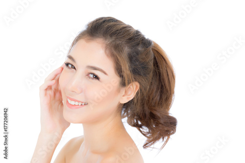Portrait of beautiful asian woman makeup of cosmetic - girl hand touch cheek and smile on attractive face with skin healthcare concept isolated on white background.