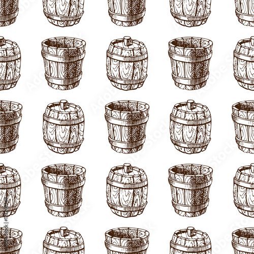 Wooden barrel vintage old hand drawn sketch storage seamless pattern fermenting distillery cargo drum lager vector illustration.