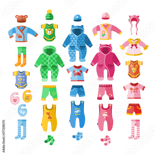 Baby infant vector illustration clothes textile icons set design fabric dress child garment wear set photo