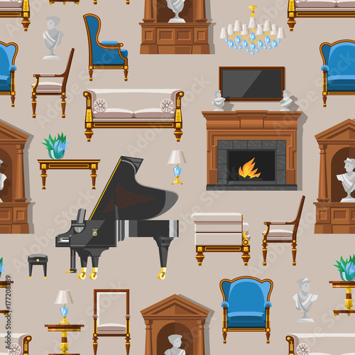 VIP vintage interior furniture rich wealthy house room with sofa set brick wall background vector seamless pattern background .