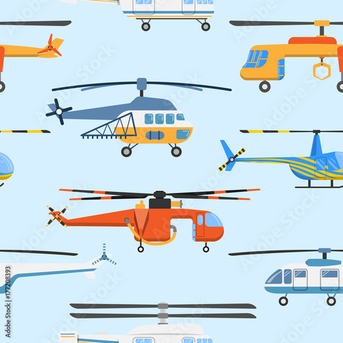 Helicopter air transport propeller aerial vehicle flying modern aviation military civil copter aircraft vector seamless pattern background