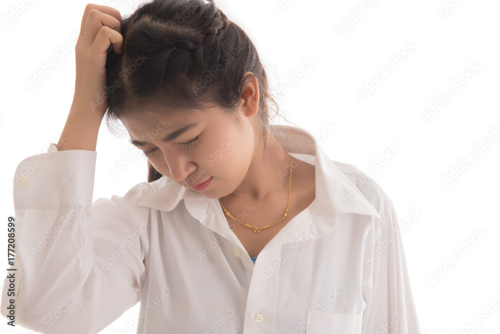Portrait of asian woman with hair problem isolated on white background, hair loss, dandruff, health care concept. Portrait of asian woman with hair problem isolated on white background, hair loss, dandruff, health care concept.