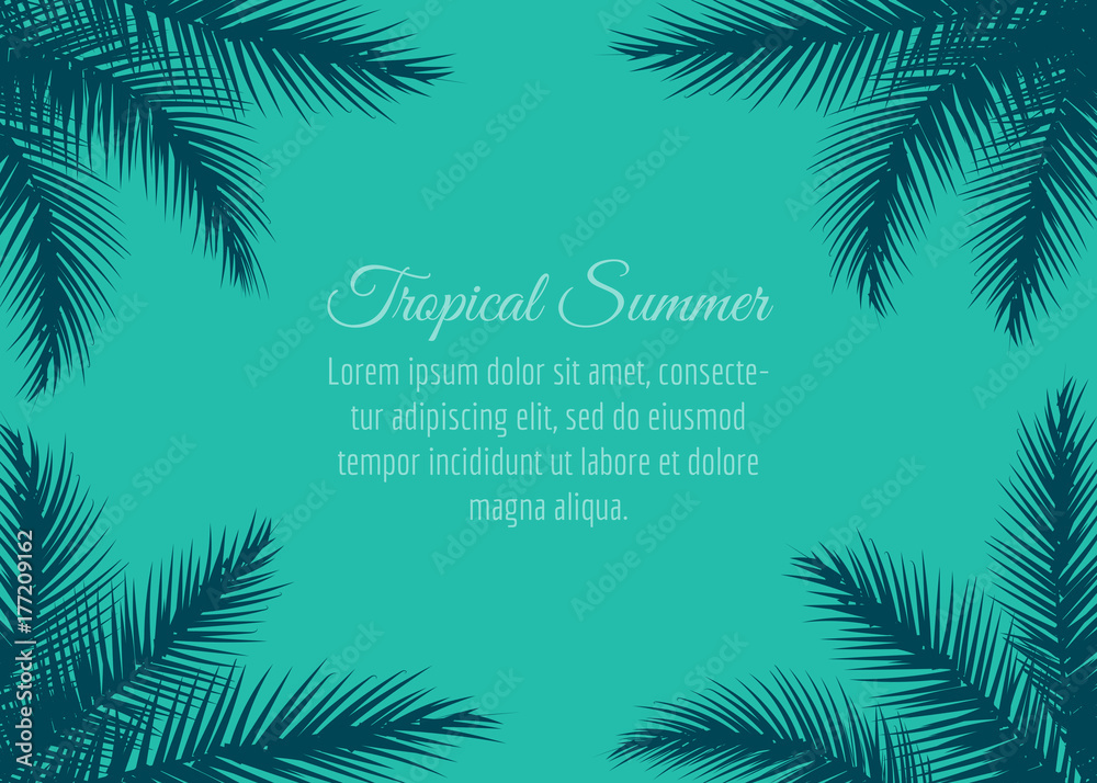 Obraz premium Frame with palm leaves on green background, vector illustration