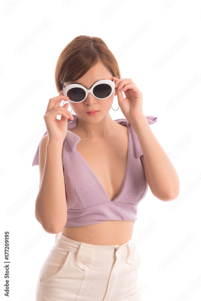 Portrait of female eye wear. Attractive asian girl  with glasses isolated on white background.