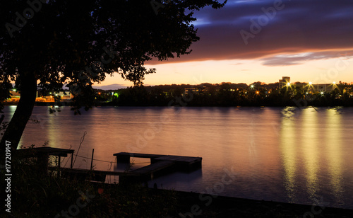Hudson River looking to the docks of Albany NY from Renssalear on a fall day at sunset