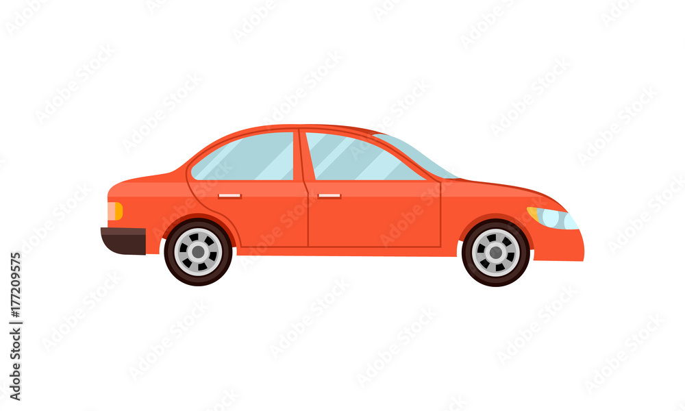 Modern red car isolated vector illustration on white background. Comfortable family auto vehicle, people city transport in flat design