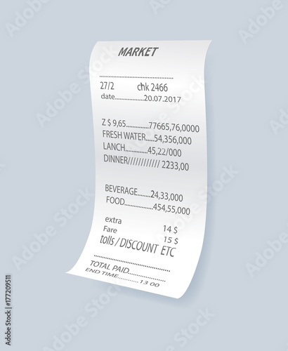 Realistic financial atm check vector element. Shop reciept, retail bill isolated object, paper print check, receipt records sale of goods or provision of service.