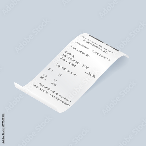 Paper retail bill vector element. Shop reciept, print check isolated object, realistic financial atm check, receipt records sale of goods or provision of service.