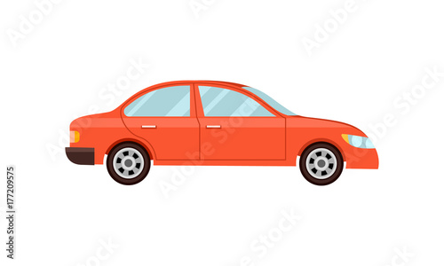 Modern red car isolated vector illustration on white background. Comfortable family auto vehicle  people city transport in flat design