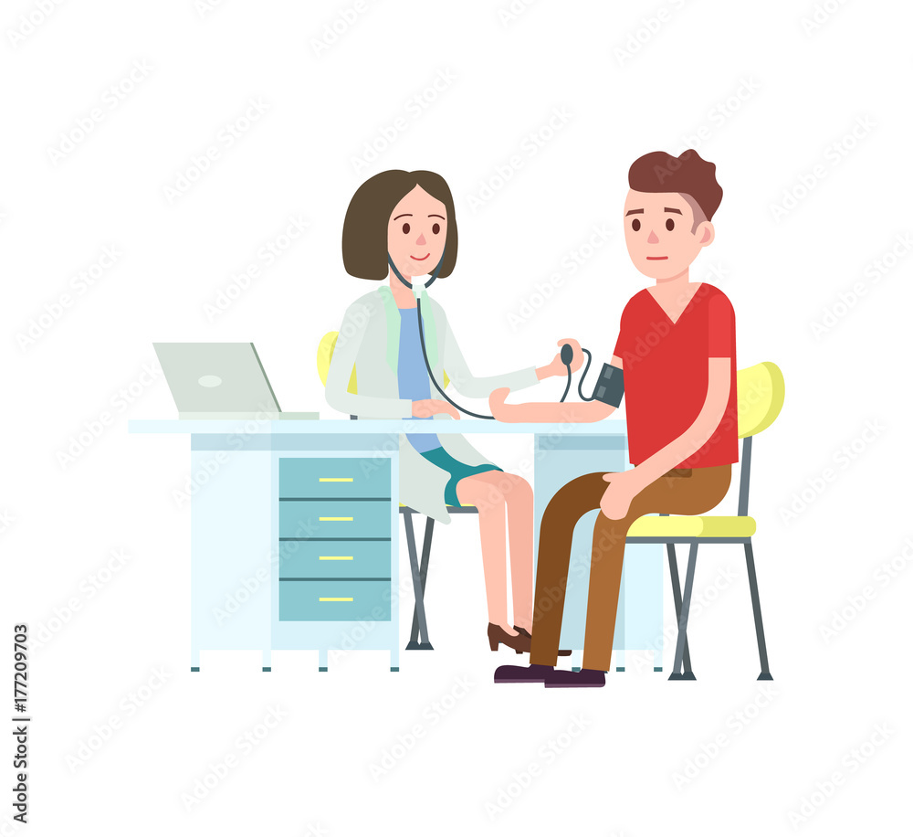 Doctor and patient measuring blood pressure. Medical treatment and healthcare, clinical analysis, medical examination vector illustration.
