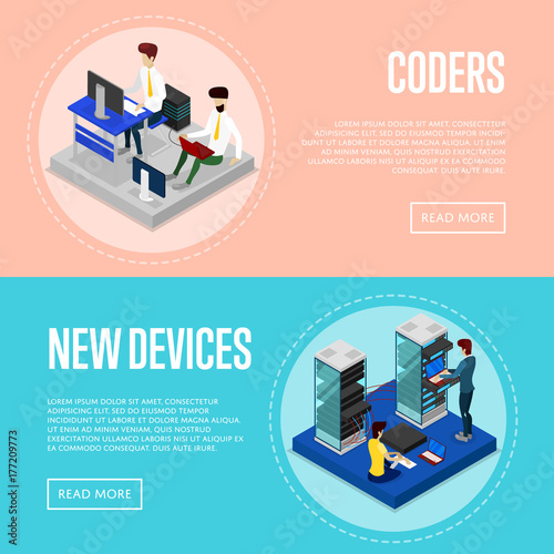 Data centre upgrading service isometric posters. Global communication network, cloud database coding and administration. Data center with hosting servers equipment and staff vector illustration