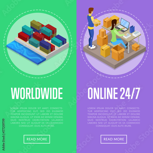 Worldwide shipping and online 24/7 delivery service isometric posters. Commercial freight shipment and distribution, fast delivery transportation, warehouse management vector illustration.