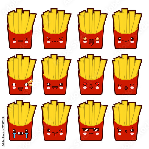 Emoji emoticon french fries with a lot of variation Set of kawaii face french fries emoticons. Isolated on white background. Flat design Vector Illustration EPS