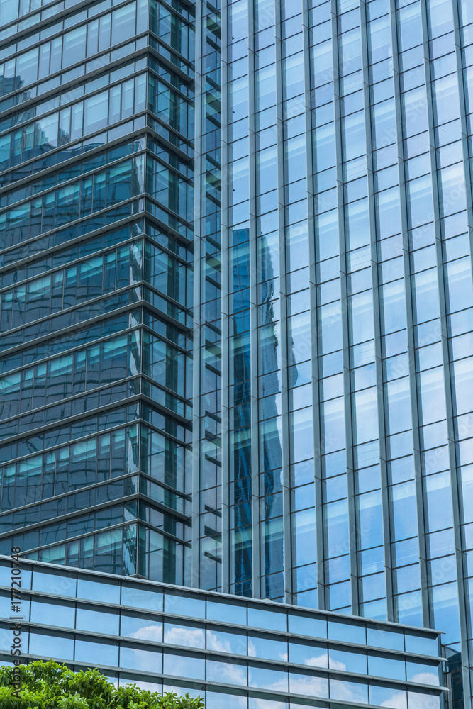 Close-Up of Modern Office Buildings in city of China..