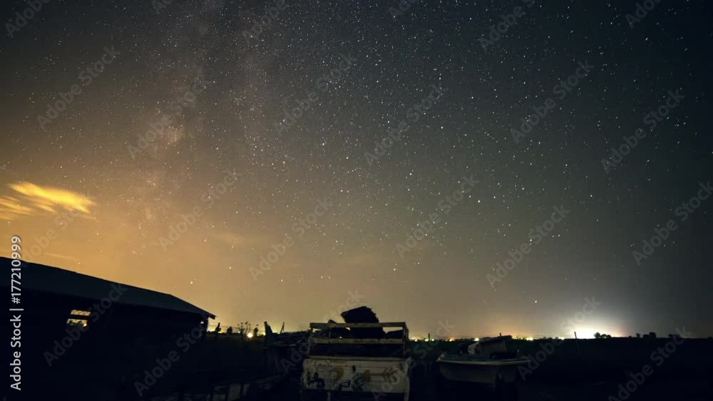 Night scape time lapse panning through the sky viewing stars and