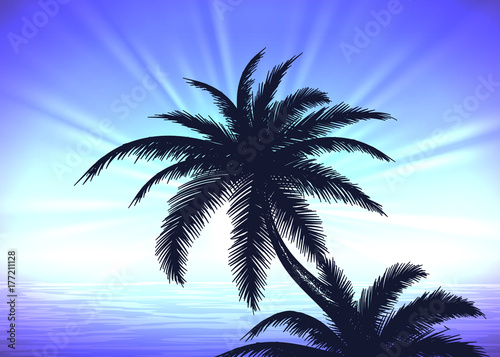 Silhouette of palm tree on the blue gradient sunrise background