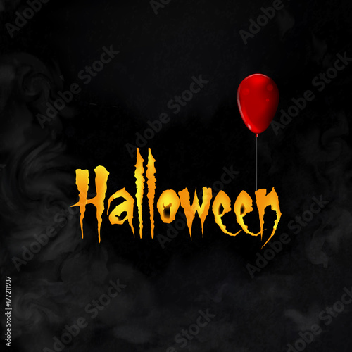 Halloween greeting card with lettering and red balloon on black background. Horror halloween object concept