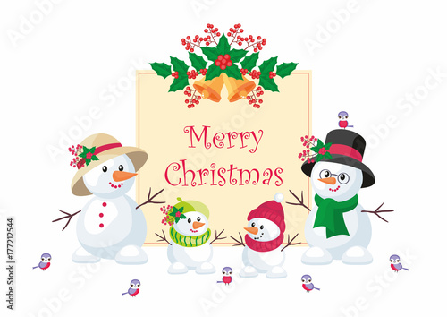 Christmas greeting card with the image of funny snowmen. Vector background.