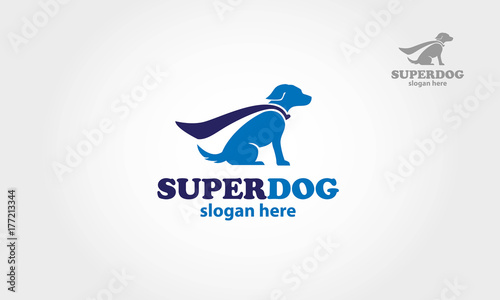 Super Dog Vector Logo Cartoon. Blue super dog with a cape. Vector logo illustration.