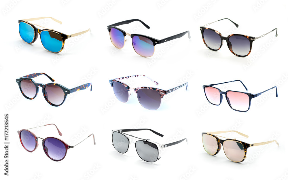 Group of beautiful sunglasses isolated on white background