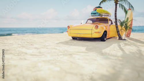 Classic yellow car parked by the sea.