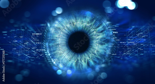 Security access  technology/Eye viewing digital information represented by circles and signs, background depth of field. Technology concept photo