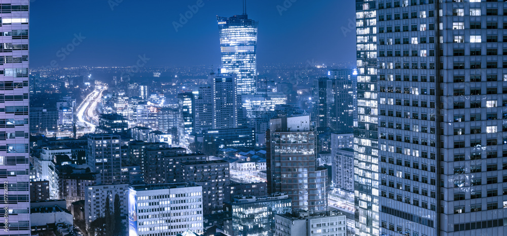 Panoramic view of Warsaw downtown during the night