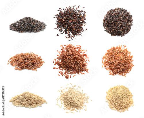 Different kinds of rice on white background