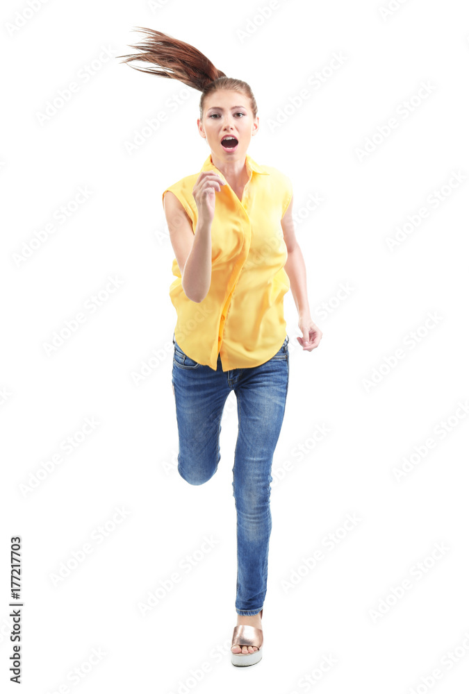 Young woman running on white background Young woman running on white background
