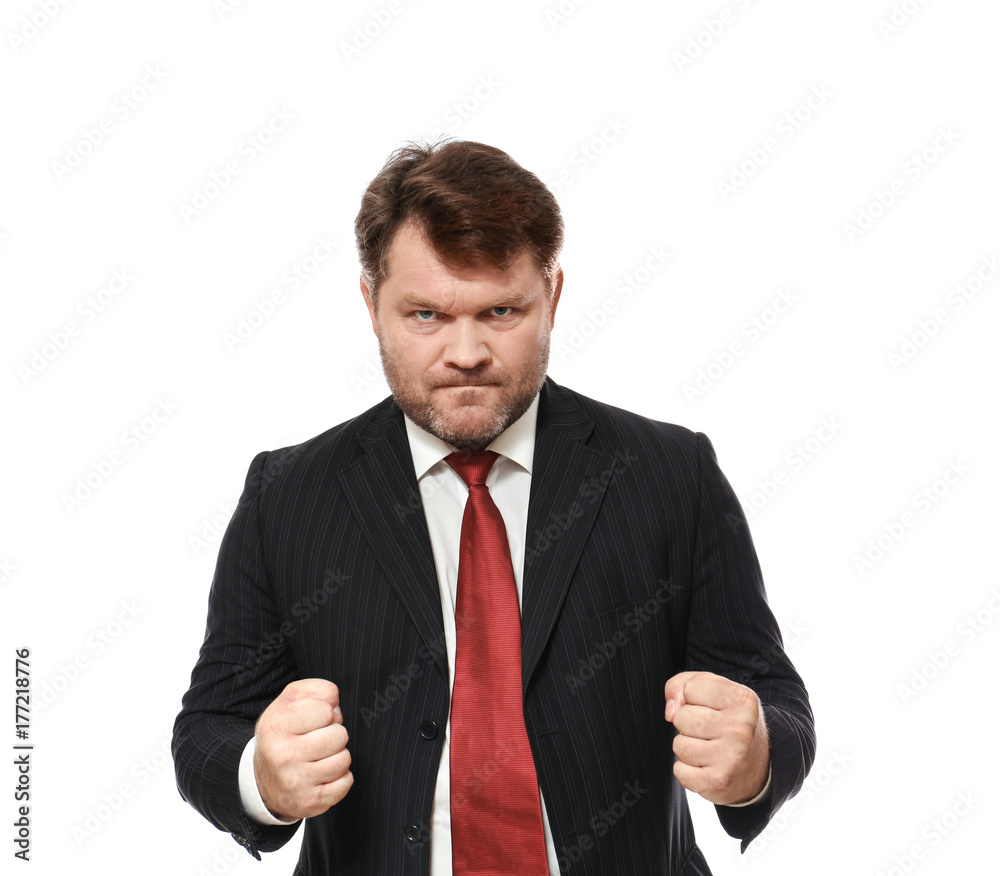 Emotional man in formal suit on white background Emotional man in formal suit on white background