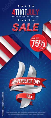 4th july happy independence day sale banner template design with red ribbons on blue back ground