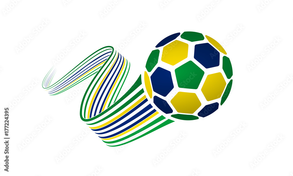 Naklejka premium Brazil soccer ball isolated on white background with winding ribbons on green, yellow and blue colors