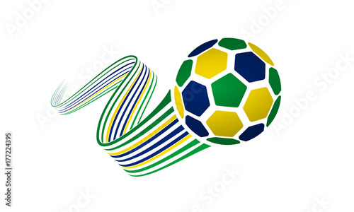 Brazil soccer ball isolated on white background with winding ribbons on green, yellow and blue colors