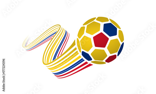 Colombia or Ecuador soccer ball isolated on white background with winding ribbons on yellow, blue and red colors