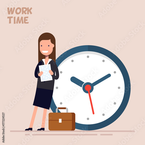 Happy businesswoman or manager is standing near a big clock. Vector illustration in a flat style. Concept of time management.