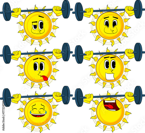 Cartoon weightlifter sun lifting barbell. Collection with happy faces. Expressions vector set.