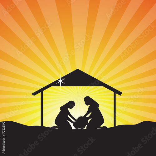 Baby Jesus born silhouette. Nativity scene of baby Jesus in the manger the virgin Mary and Joseph.