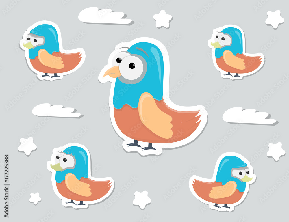 Funny cartoon character birds stickers, vector elements for game or print.