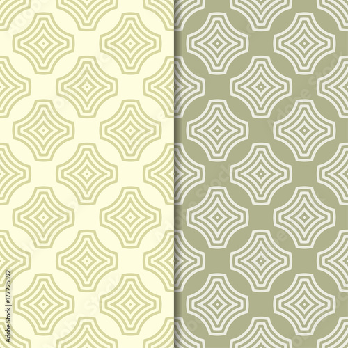 Olive green geometric ornaments. Set of seamless patterns