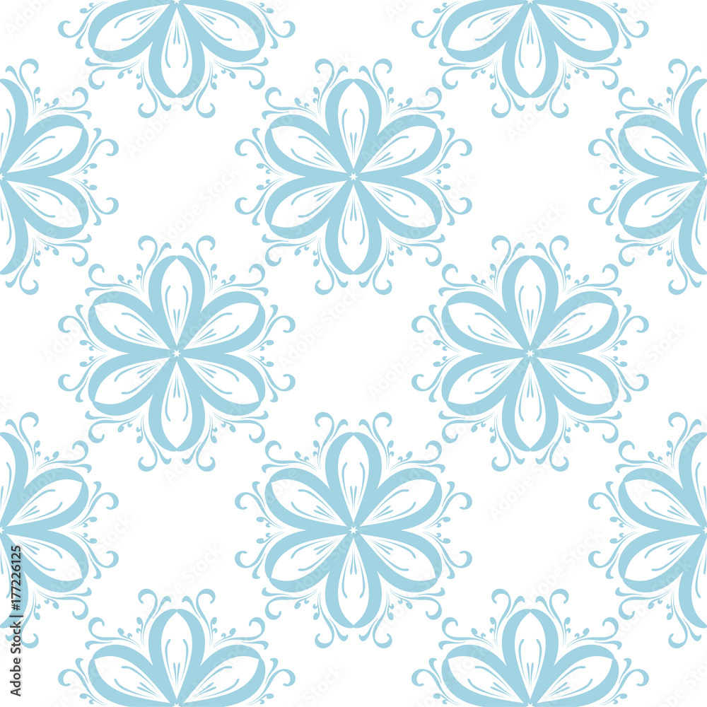 Blue flowers on white background. Ornamental seamless pattern