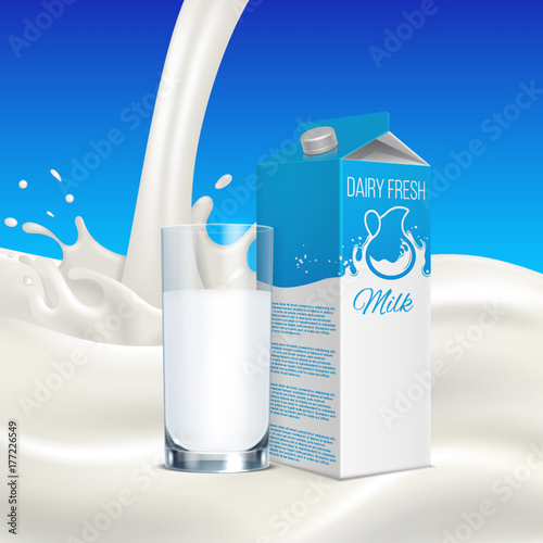 Realistic milk box with cup on blue background