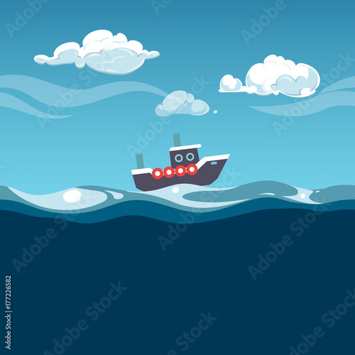 Sea illustration. Steam boat on the waves