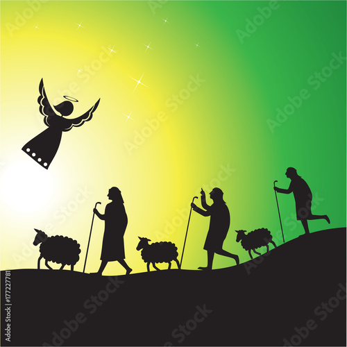 Shepherds and angel silhouette. Nativity scene of angel and shepherds with their flocks.